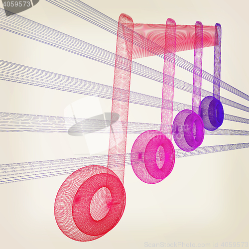 Image of 3D music note on staves. 3D illustration. Vintage style.