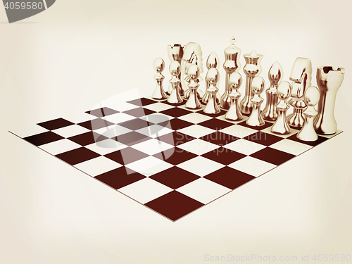 Image of Chessboard with chess pieces. 3D illustration. Vintage style.