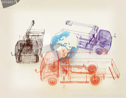 Image of 3d model truck and Earth. Global concept. 3D illustration. Vinta