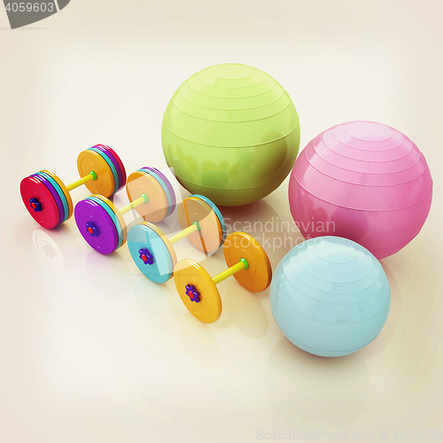 Image of Fitness ball and dumbell. 3D illustration. Vintage style.