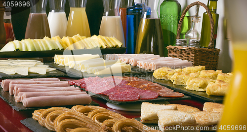 Image of drinks and food in the morning in a hotel