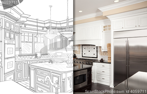 Image of Split Screen Of Drawing and Photo of New Kitchen