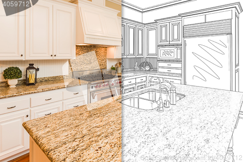 Image of Split Screen Of Drawing and Photo of New Kitchen