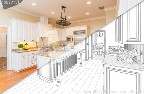 Image of Diagonal Split Screen Of Drawing and Photo of New Kitchen