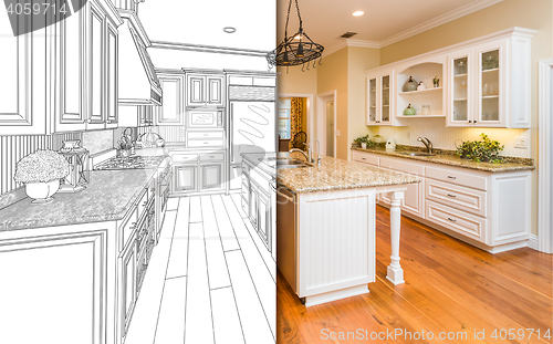 Image of Split Screen Of Drawing and Photo of New Kitchen
