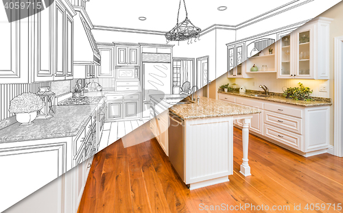 Image of Diagonal Split Screen Of Drawing and Photo of New Kitchen