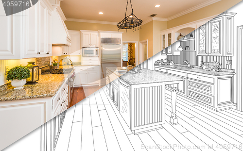 Image of Diagonal Split Screen Of Drawing and Photo of New Kitchen