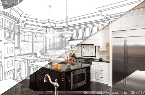 Image of Diagonal Split Screen Of Drawing and Photo of New Kitchen