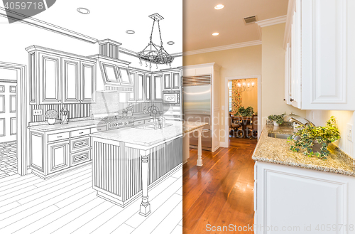 Image of Split Screen Of Drawing and Photo of New Kitchen