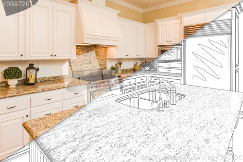 Image of Diagonal Split Screen Of Drawing and Photo of New Kitchen