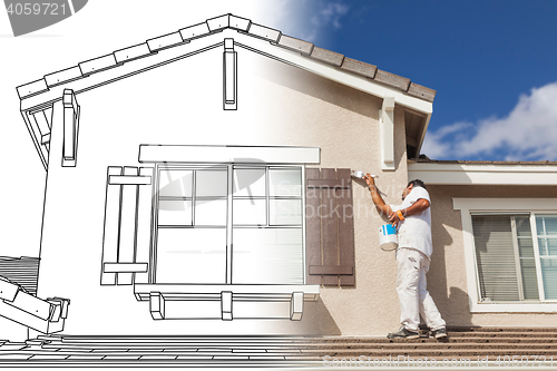 Image of Split Screen of Drawing and Photo of House Painter Painting Home