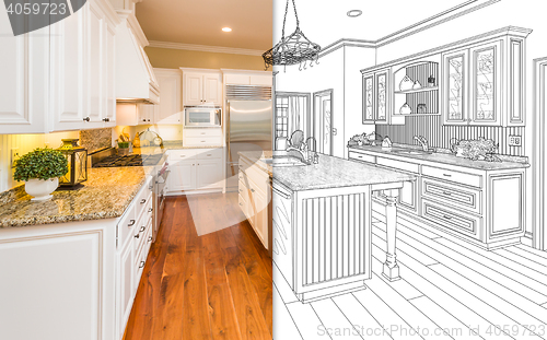 Image of Split Screen Of Drawing and Photo of New Kitchen