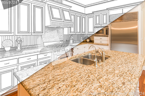 Image of Diagonal Split Screen Of Drawing and Photo of New Kitchen
