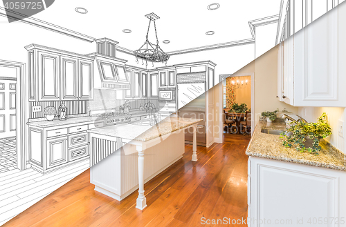 Image of Diagonal Split Screen Of Drawing and Photo of New Kitchen
