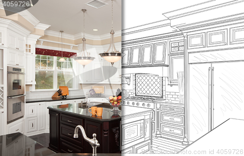 Image of Split Screen Of Drawing and Photo of New Kitchen