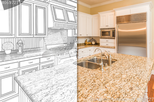 Image of Split Screen Of Drawing and Photo of New Kitchen