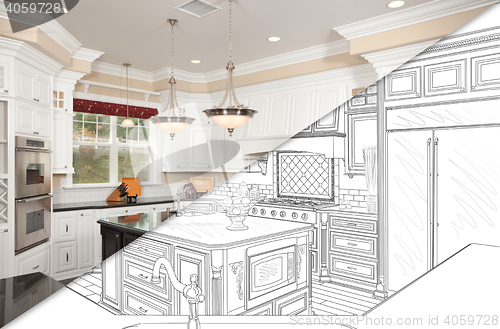 Image of Diagonal Split Screen Of Drawing and Photo of New Kitchen