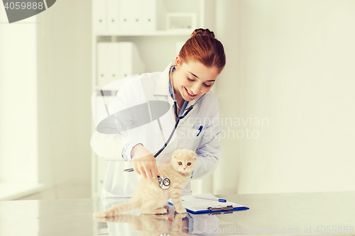 Image of happy veterinarian with kitten at vet clinic