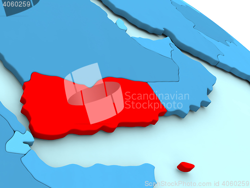 Image of Yemen in red on blue globe