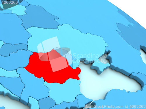 Image of Romania in red on blue globe