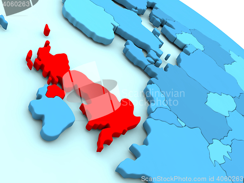 Image of United Kingdom in red on blue globe