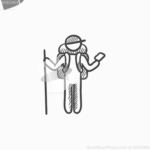 Image of Tourist backpacker with phone sketch icon.