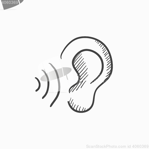 Image of Ear and sound waves sketch icon.