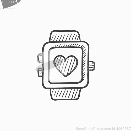 Image of Smartwatch with heart sign sketch icon.