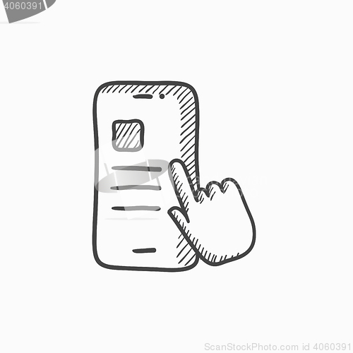 Image of Finger touching smartphone sketch icon.