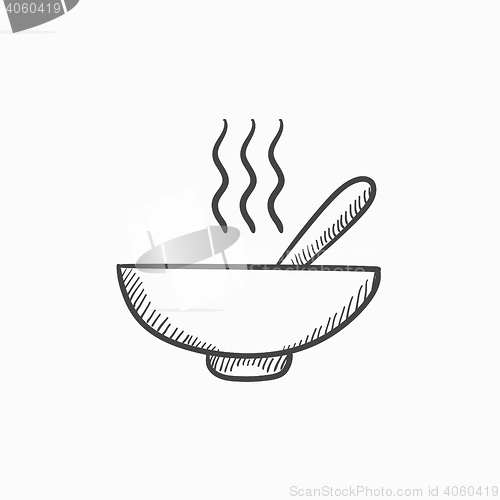 Image of Bowl of hot soup with spoon sketch icon.