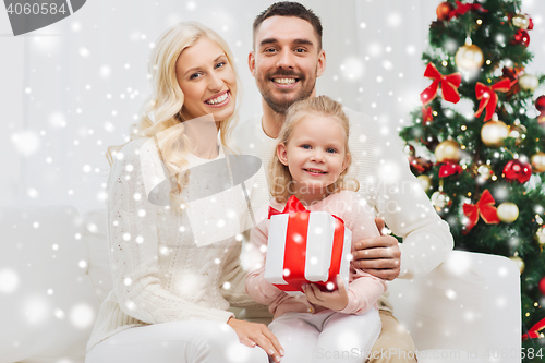 Image of happy family at home with christmas gift box