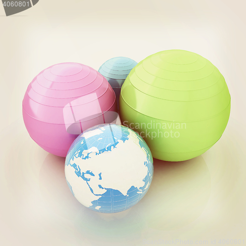 Image of Pilates fitness ball and earth. 3D illustration. Vintage style.