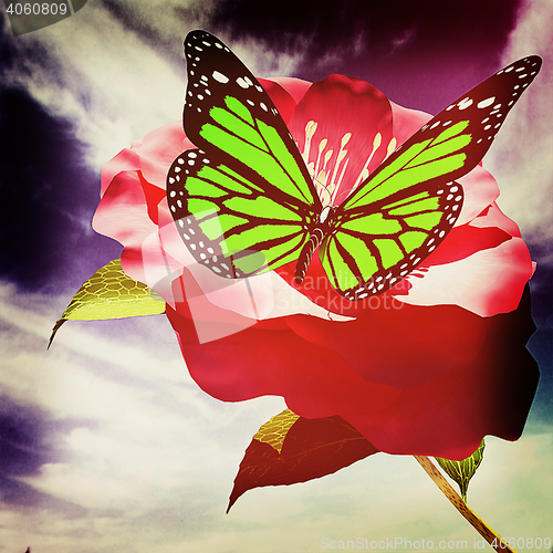 Image of Beautiful Flower and butterfly against the sky . 3D illustration