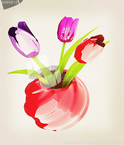 Image of Tulips with leaf in vase. 3D illustration. Vintage style.