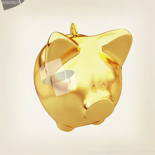 Image of gold coin with with the gold piggy bank . 3D illustration. Vinta