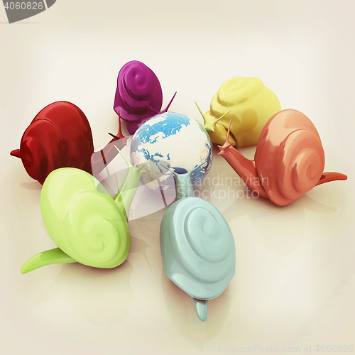 Image of 3d fantasy animals, snails and earth on white background . 3D il
