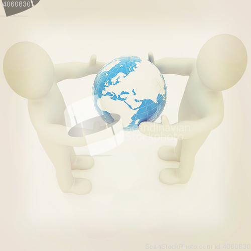 Image of 3d mens around the earth kindly make contact. 3D illustration. V