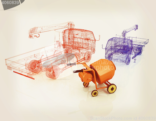 Image of 3d model concrete mixer and truck. 3D illustration. Vintage styl