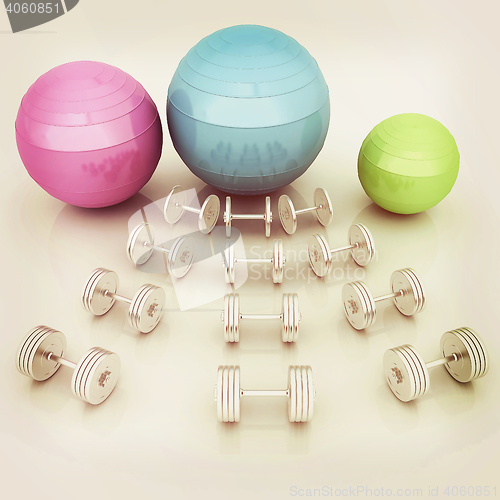 Image of Fitness ball and dumbell. 3D illustration. Vintage style.