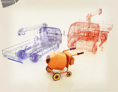 Image of 3d model concrete mixer and truck. 3D illustration. Vintage styl