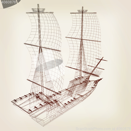 Image of 3d model ship. 3D illustration. Vintage style.