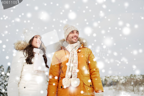 Image of happy couple walking over winter background