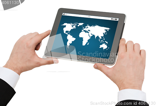 Image of close up of hands holding tablet pc with world map