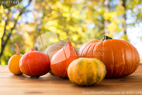 Image of close up of pumpkins on wooden table outdoors