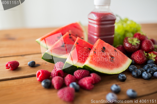 Image of bottle with fruit and berry juice or smoothie