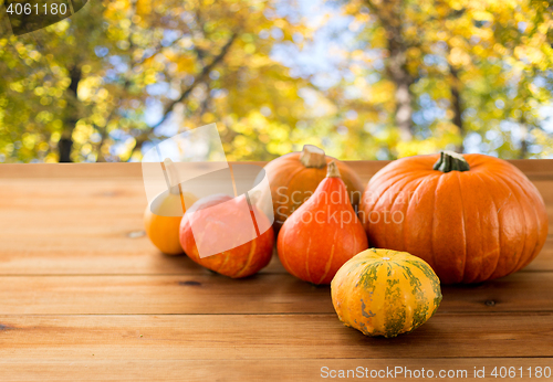 Image of close up of pumpkins on wooden table outdoors