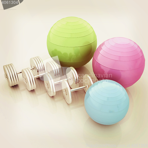 Image of Fitness ball and dumbell. 3D illustration. Vintage style.