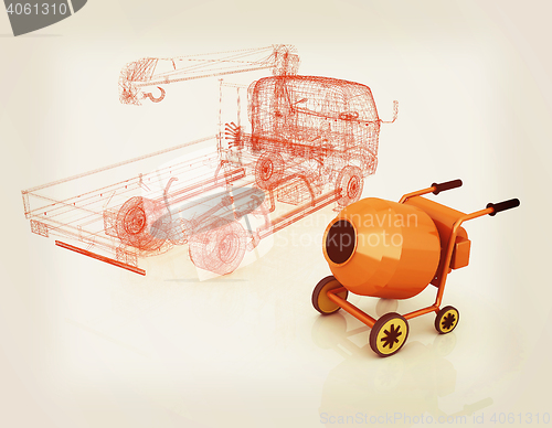 Image of 3d model concrete mixer and truck. 3D illustration. Vintage styl