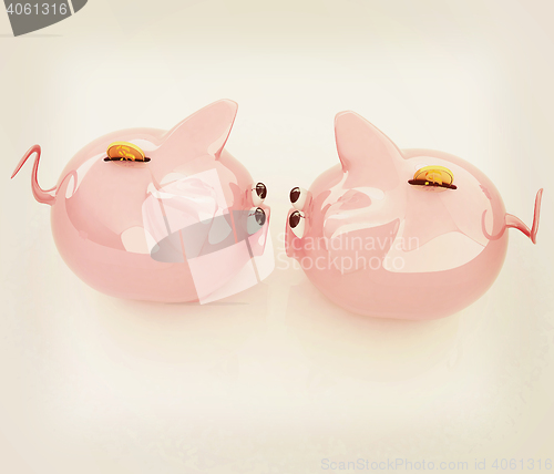 Image of Piggy bank with gold coin on white. 3D illustration. Vintage sty