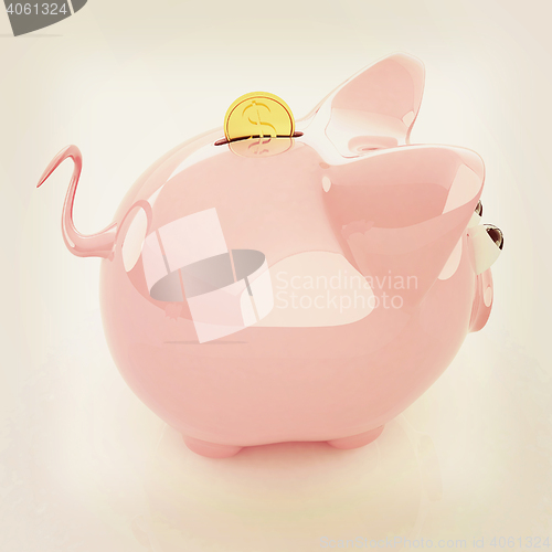 Image of Piggy bank with gold coin on white. 3D illustration. Vintage sty